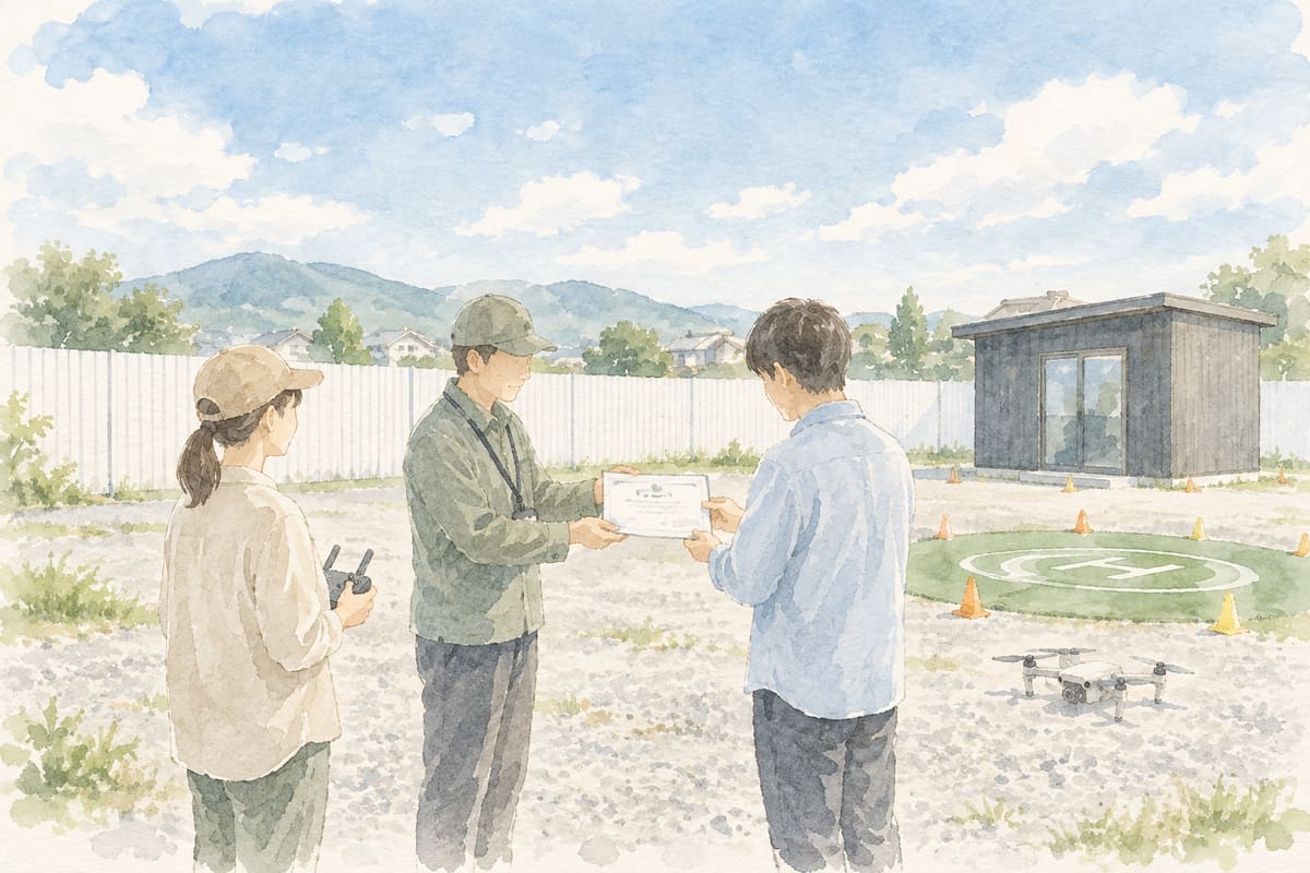 フィールドで講師から修了証を受け取る受講生と、送信機を持って見守る受講生の水彩調イラスト