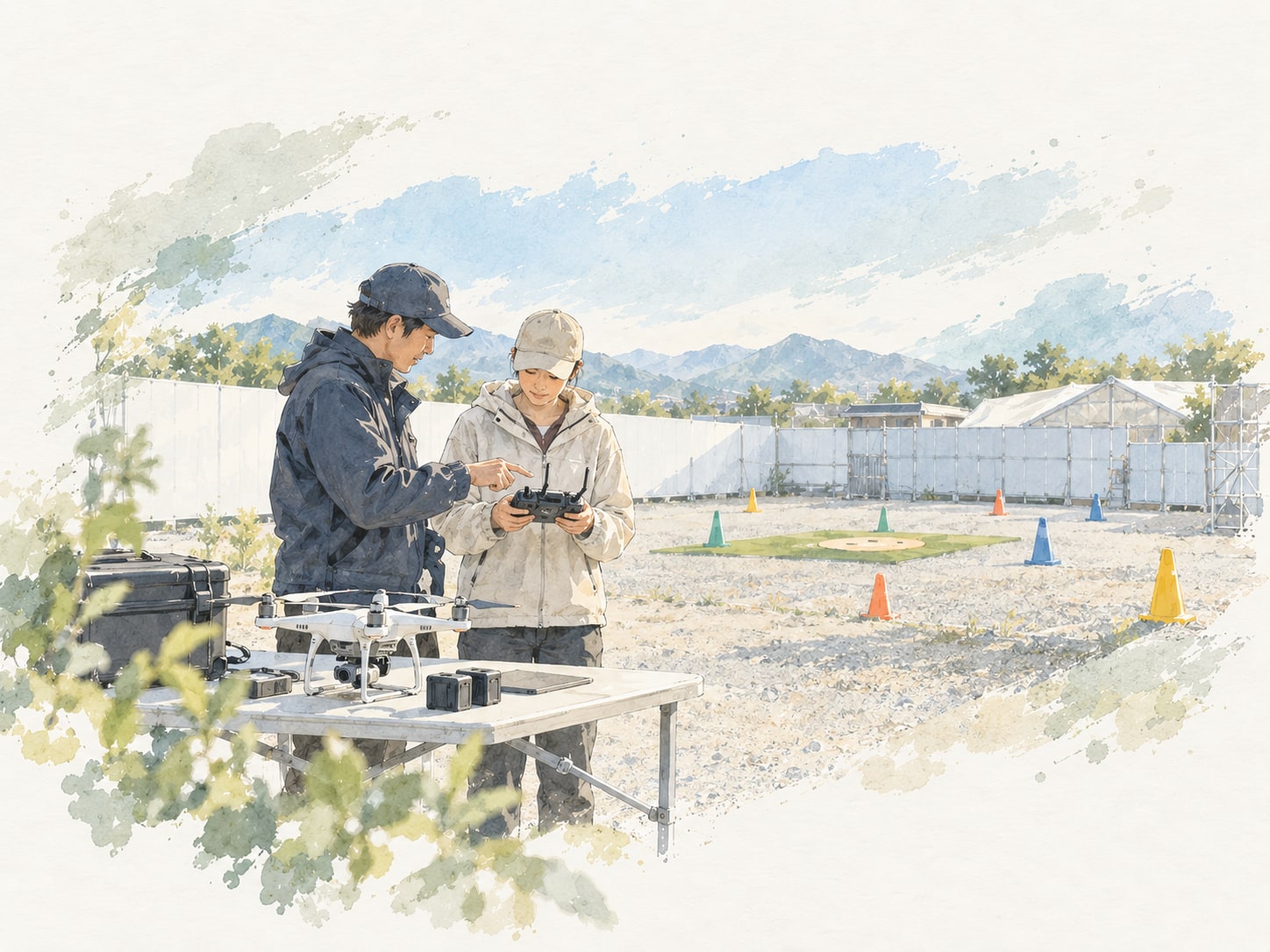 講師と受講生が送信機の操作を確認し、机の上のドローンを準備する水彩調イラスト