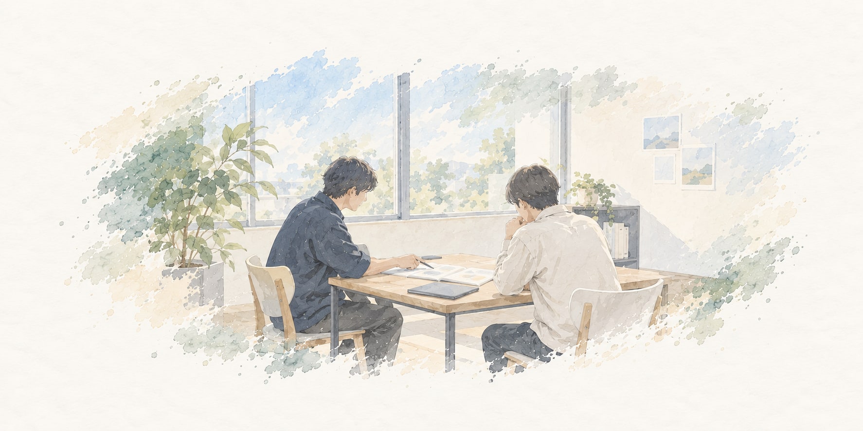 明るい室内で、講師と受講生が資料を見ながら相談するイラスト