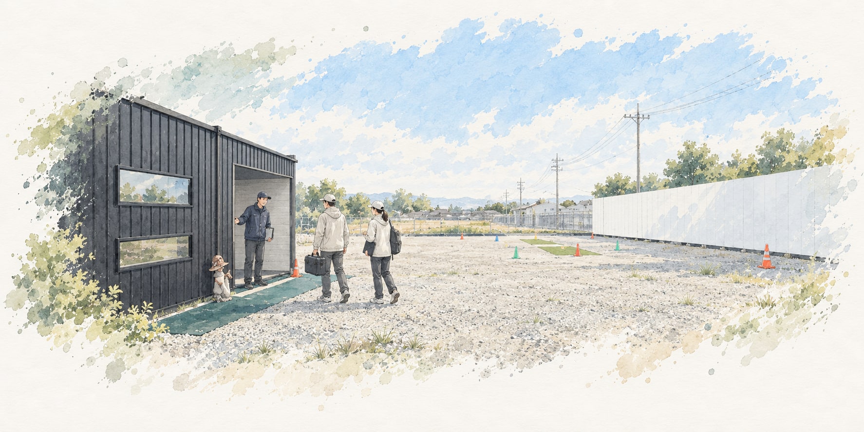訓練ハウスの入口で講師が受講生を迎える、フィールドの日常を描いた水彩調イラスト