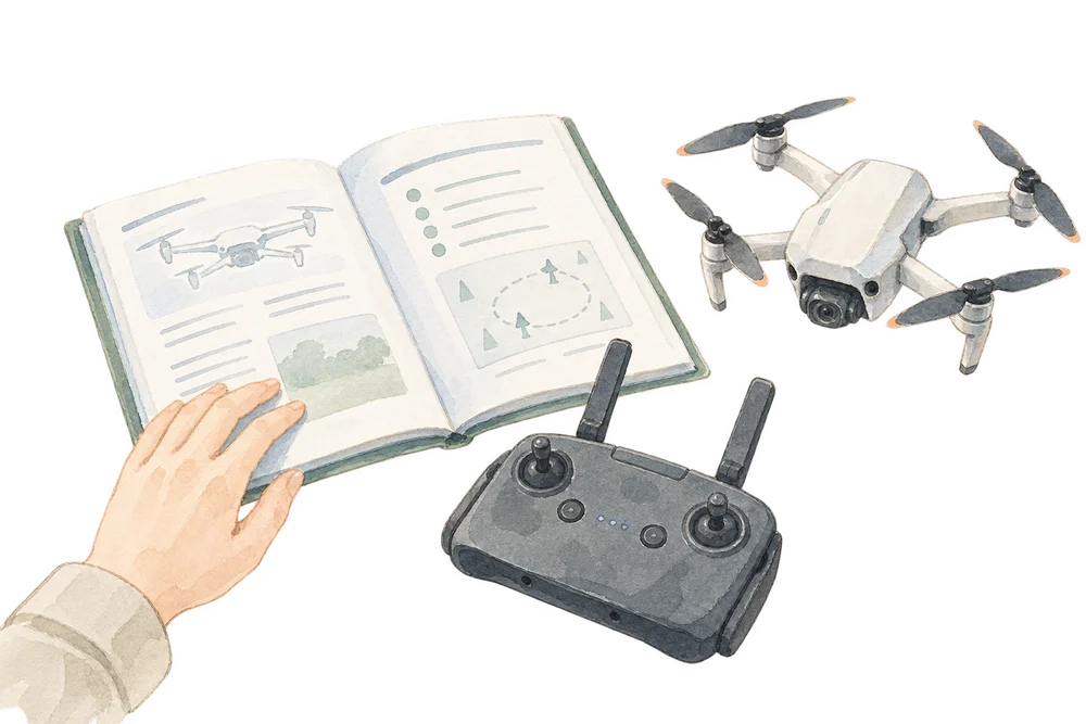 開いた教材に手を添え、送信機とドローンを準備する水彩イラスト