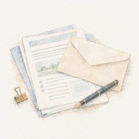 申請書類と封筒、万年筆の水彩イラスト